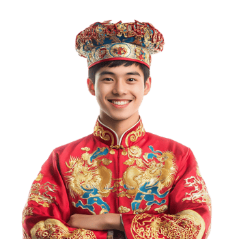 Joyful Young Asian Man Wearing Traditional Ornate Ceremonial Costume png