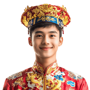 Joyful Young Chinese Man Wearing Ornate Traditional Costume and Headwear png