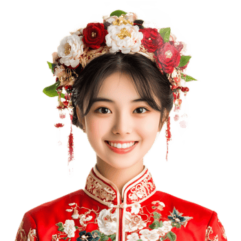 Portrait of Cheerful Chinese Woman Wearing Traditional Costume and Floral Headdress png
