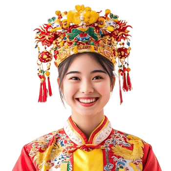 Happy Asian Woman Wearing Vibrant Traditional Chinese Costume and Accessories png