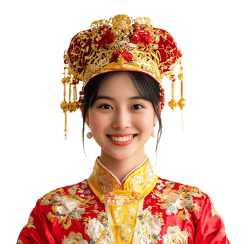 Smiling Young Chinese Woman in Traditional Ornate Festive Costume png