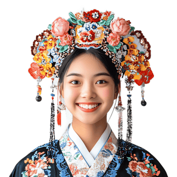 Smiling Young Chinese Woman Wearing Traditional Floral Headdress and Costume png