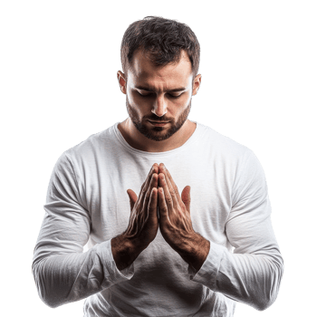 Man praying with hands pressed together in a moment of devotion and reflection, Man Praying with malted palms. Christianity symbol, Transparent background png