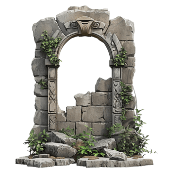 Ruined Stone Archway Overgrown with Lush Vegetation png