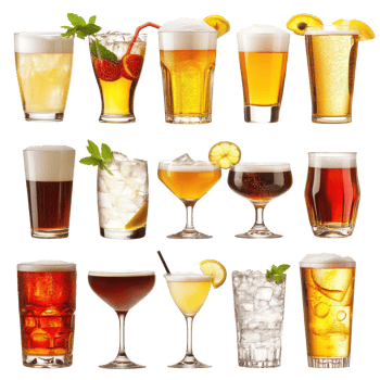 Various cocktails and beers displayed on a Transparent background, showcasing diverse drink options for gatherings, various drinks, cocktails and beer isolated on background png