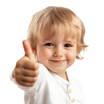 Happy child gives thumbs up to the camera while smiling joyfully in a bright setting, Happy child giving a thumbs up to the camera, white background png