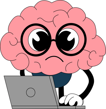 A cartoon brain with glasses and a laptop png