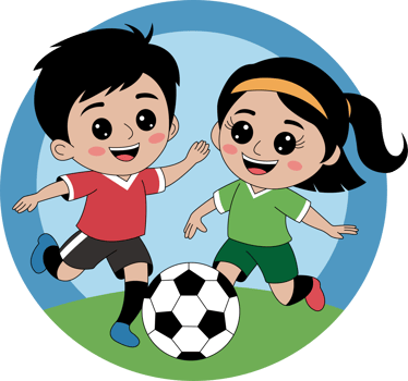 Two children playing soccer on a field png