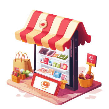 Online mobile shop offers a variety of gadgets in a cartoon style setting with a playful Transparent background, Online mobile shop with cartoon style background png