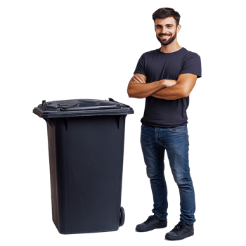 Man confidently standing by a trash can with arms crossed against a Transparent background, Man standing next to trash can isolated on background png