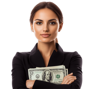 Businesswoman confidently holding dollars against a bright white background, Businesswoman with Dollars isolated on white background png