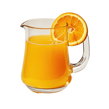 Freshly squeezed orange juice in a clear pitcher with a slice of orange decoration, Pitcher freshly squeezed orange juice, Transparent background png