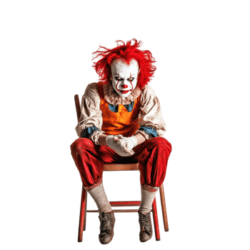 Scary clown sitting on a chair in isolation against a bright Transparent background, Scary clown sitting on a chair isolated on background png