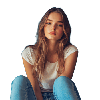 Young woman with long hair poses thoughtfully against a blue wall in a casual outfit, Portrait a young pretty woman sitting isolated on background png
