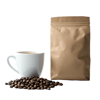 White cup sits near roasted coffee beans on a brown bag against a white backdrop, White cup next to coffee beans on brown bag on Transparent background png