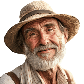 Wise old farmer with a gentle smile against a bright Transparent background, Wise Old Farmer Portrait on background png