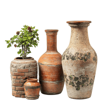 Vintage brick chimney with rustic round pots and a small plant against a neutral backdrop, Vintage Brick Chimney Old Fashioned Round Pots Rustic Antique Style Transparent background png