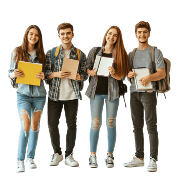 Group of happy students stand confidently with notebooks and backpacks in a bright studio setting, Happy group students standing with notebooks isolated on white backgroundimage png