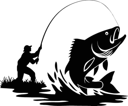 Fisherman silhouette catching a big fish in the water vector