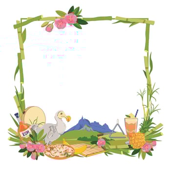 Frame. Landmarks of Mauritius island in flat style. sugar cane, Mount Peter, endemic bird Dodo, flowers Trochetia boutoniana, pineapple, falooda, millionaire's salad, musical instruments Sega. vector