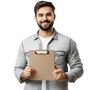 Male holding a clipboard smiles at the camera while preparing for a professional task in a bright setting, Male holding a clipboard png