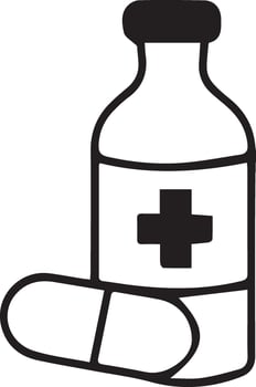 Pills and medicine bottle stroke line art flat black color design. vector
