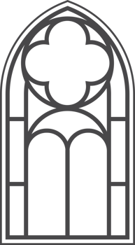 Gothic church window with arched frame stained glass. Medieval vintage silhouette of cathedral architecture decorations geometric ornament. Christian chapel interior with outlines antique engravings png