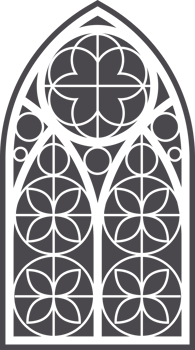 Gothic church window. Arched frame and stained glass. Medieval silhouette of vintage cathedral architecture decorations and geometric ornaments. Christian chapel interior with outlines engravings png