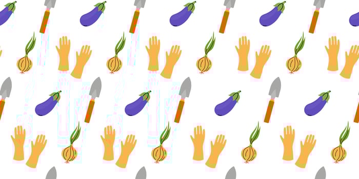 Pattern featuring garden tools, vegetables, and hands for gardening activities vector