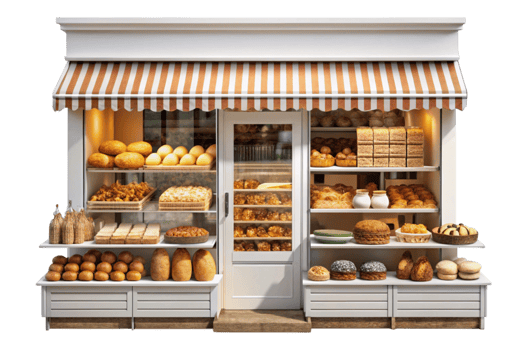 Front view of a local bakery with assorted breads, pastries, and baked goods neatly displayed under striped awning png