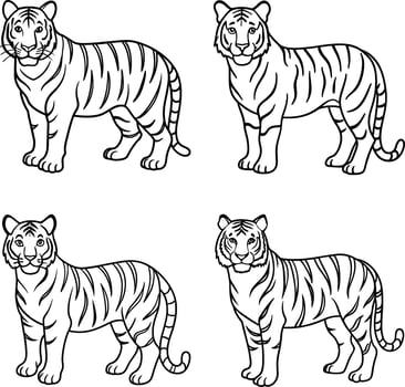 Collection of tiger drawings in cartoon style for coloring page vector