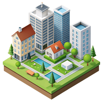 Isometric urban planning concept with residential, commercial, and green zones showcasing city development design png