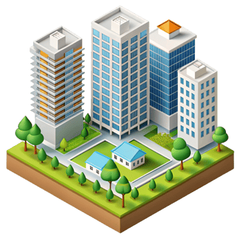 Isometric design of a city with structured zoning, highlighting residential areas, greenery, and urban planning png