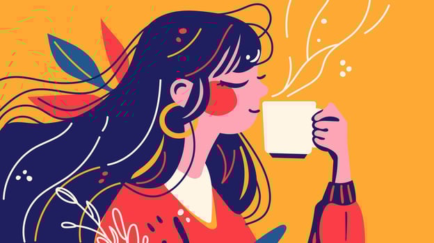 A stylish girl enjoying a cup of coffee in a minimalist flat illustration style. Perfect for lifestyle, coffee culture, and relaxation themes illustration vector