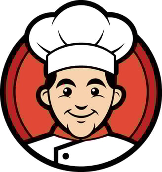 Chef with a toque, embodying culinary expertise, encircled by a vibrant red and black design, perfect for any food-related brand. vector