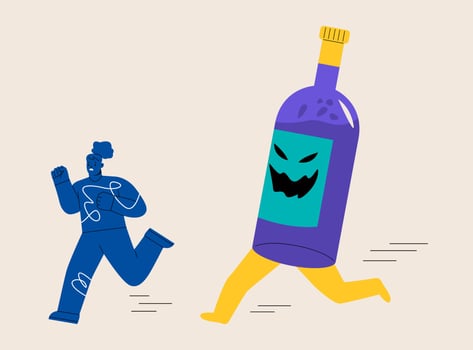 Woman running away from giant wine or liquor, avoiding alcohol concept. Colorful illustration vector
