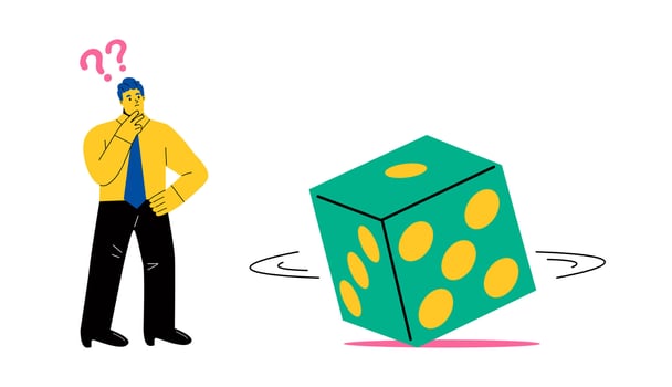 Business man guesses the number of dice. Uncertainty concept. Flat illustration isolated on white background vector