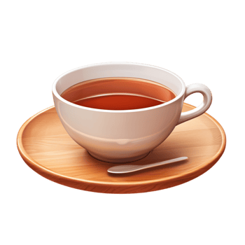 Cup of hot tea resting on a wooden tray png