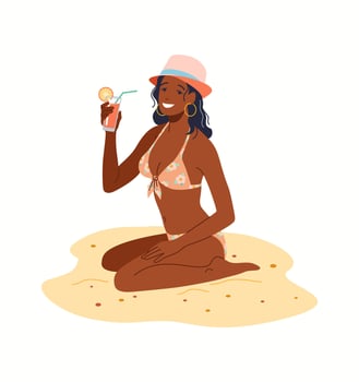 Illustration of a woman in a floral bikini sitting on sandy beach enjoying a drink. She wears a pink hat and smiles while holding a cocktail with a slice of orange. vector