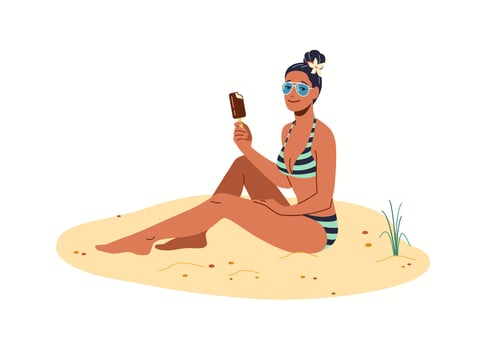 Illustration of a woman relaxing on a sunny beach, wearing a blue striped swimsuit and sunglasses, enjoying a chocolate ice cream while sitting on the sand. vector