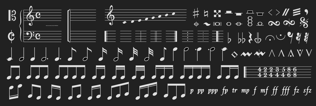 Illustration showing various musical notations including clefs, notes, rests, and dynamic markings. Black background highlights white musical symbols for easy recognition. vector