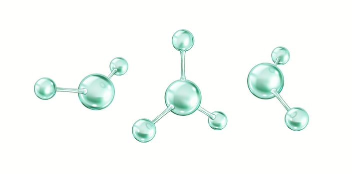 Rotating green collagen molecules realistic color icons set. Protein structures from different spheres 3d objects bundle on white background vector