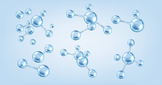 Collagen molecules models realistic color icons set. Element vital for skin elasticity and health 3d objects bundle on blue background vector