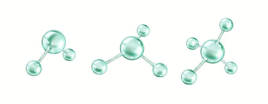 Collagen molecules form chemical bonds realistic color icons set. Protein structures from spheres 3d objects bundle on white background vector