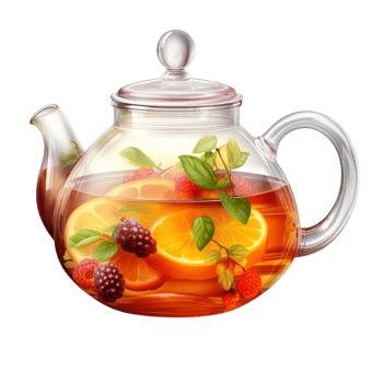 Glass teapot filled with herbal tea and slices png