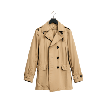 Classic tan trench coat on a hanger against a transparent background. Stylish outerwear for men and women. png