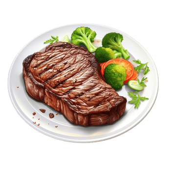 Grilled steak served with roasted vegetables on a plate png