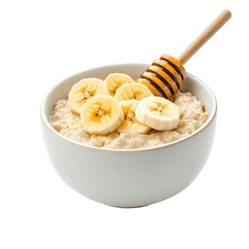 Bowl of oatmeal with banana slices and honey on a transparent background. Healthy breakfast concept. png