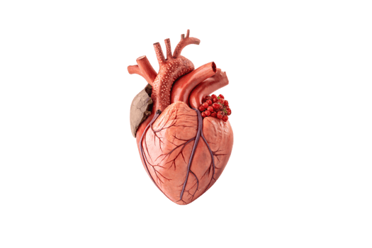 A heart sculpture with organic textures, featuring red berries and leaves integrated into its design, symbolizing life and nourishment png