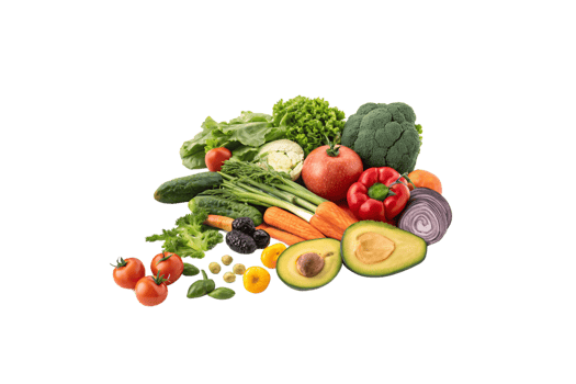 A vibrant assortment of fresh vegetables and fruits, including avocados, tomatoes, broccoli, and apples, representing healthy eating and vitality png